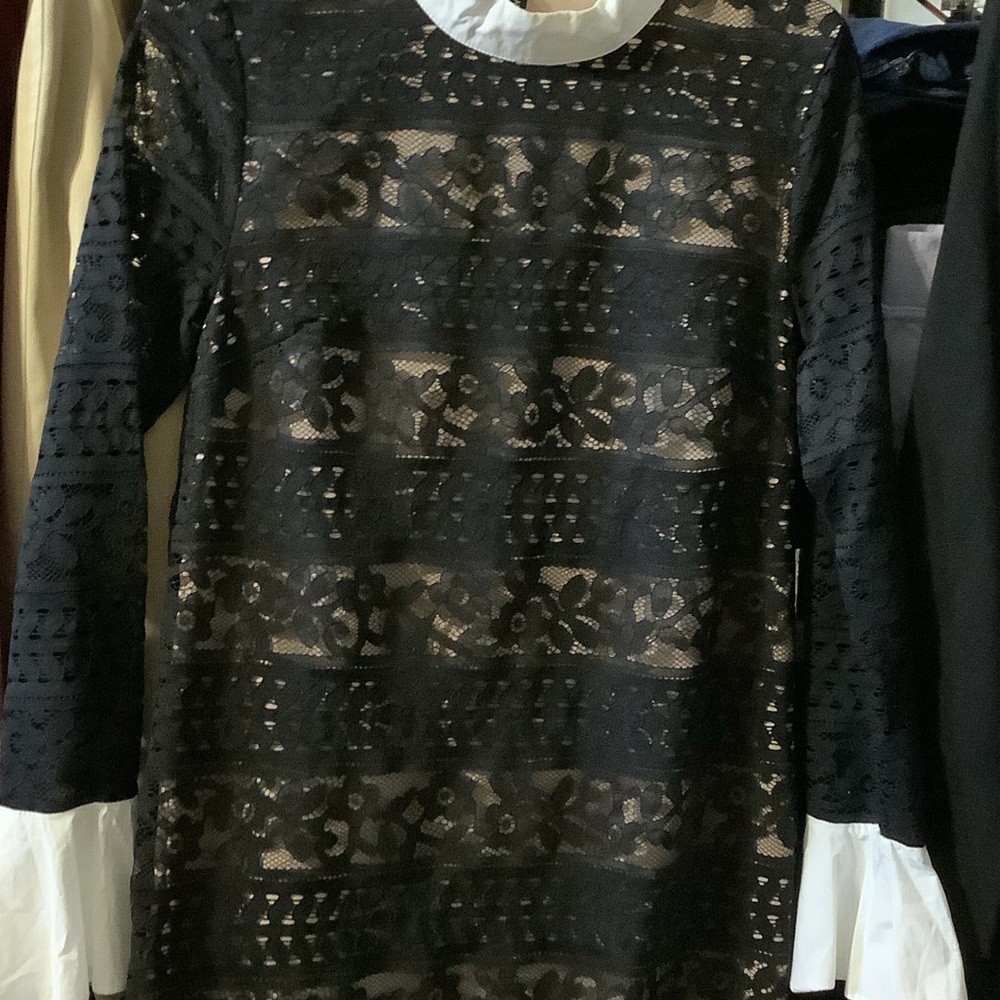 English Factory Elegant Black lace dress with White collar and cuffs, XS